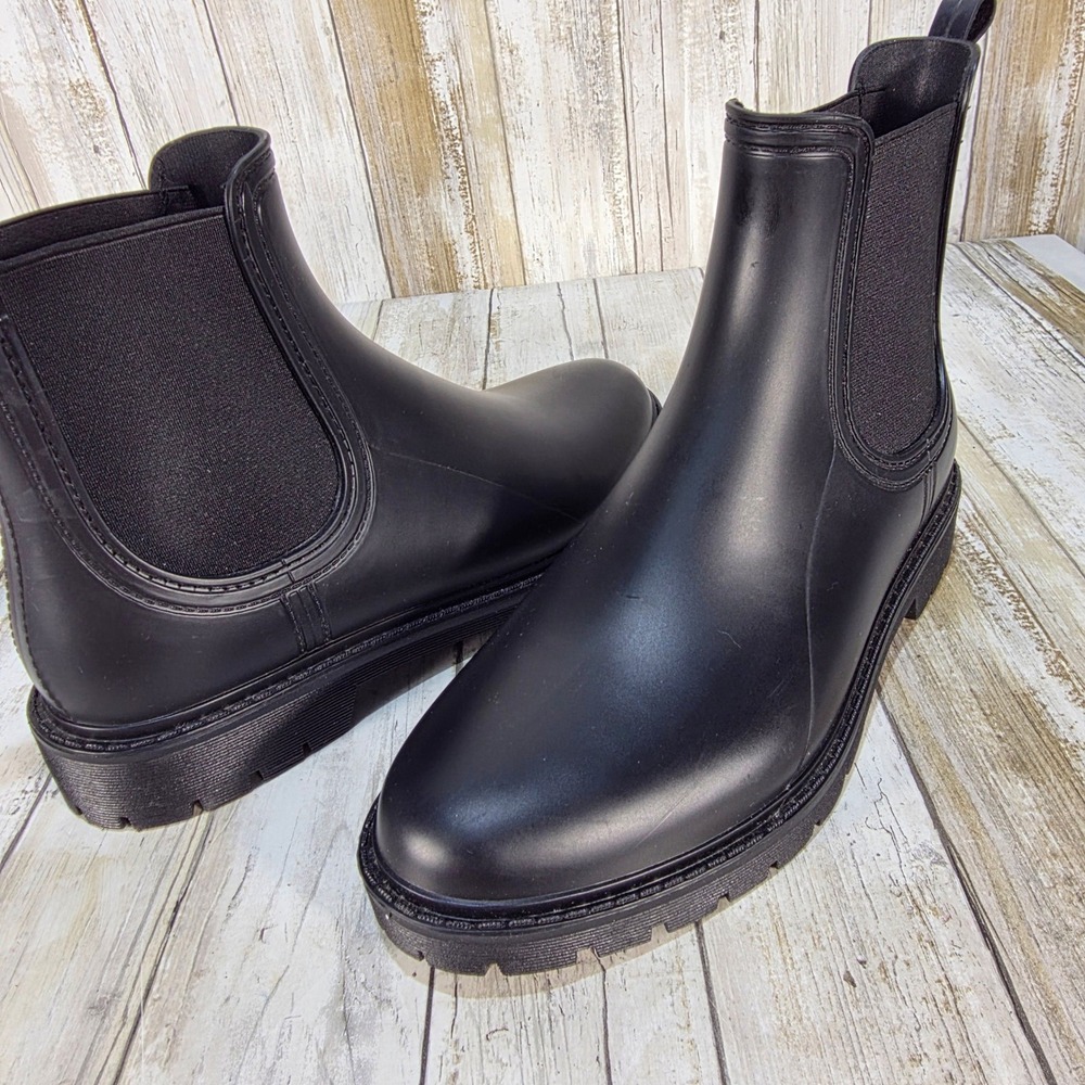 Serra Womens Black Rubber Chelsea Rain Boots Lug Sole Size 7 Ankle Waterproof